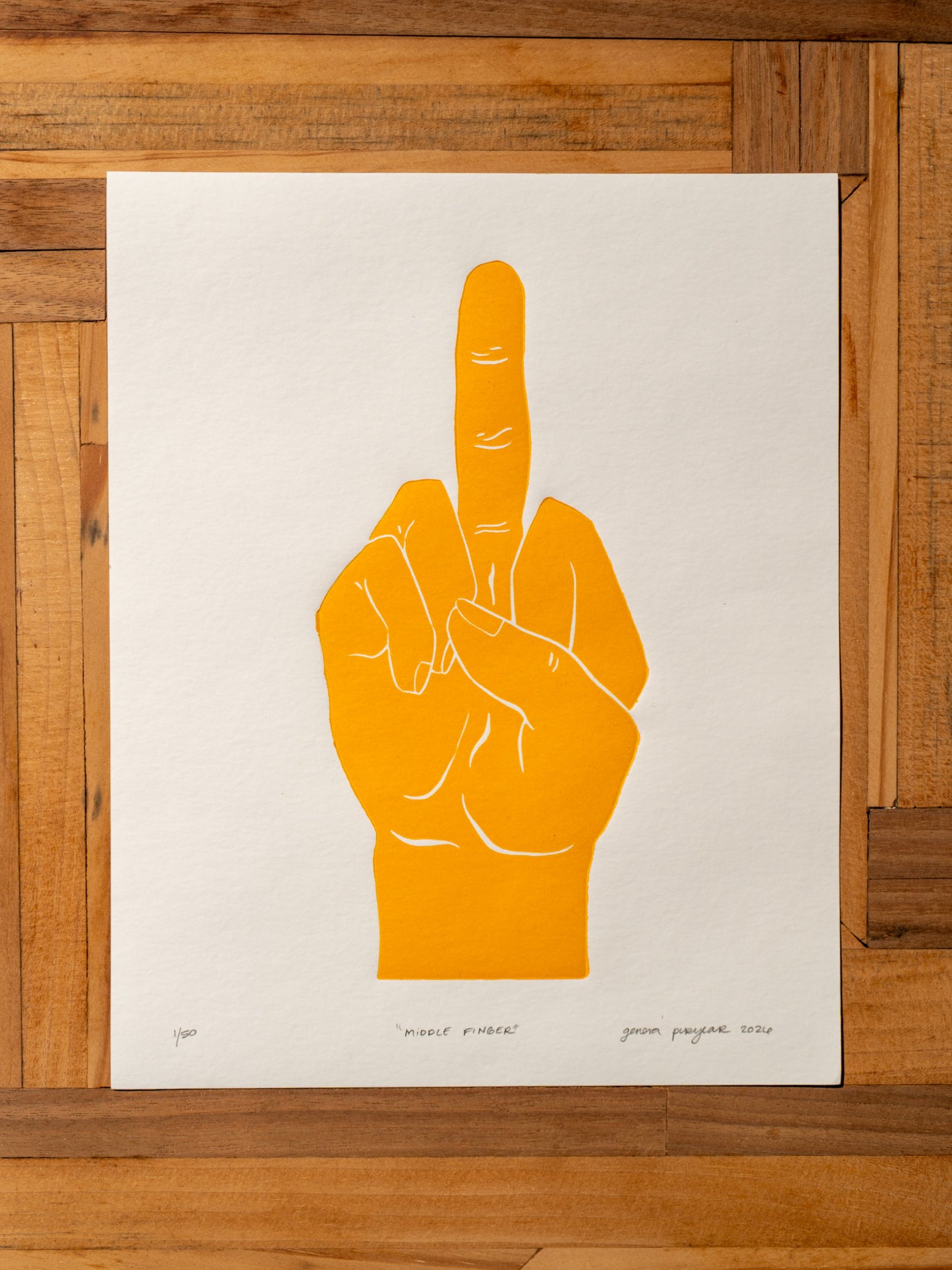 “Middle Finger” Original Linocut Print